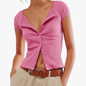 Pink Slim Fit Cropped Button-Up Women's Top #KA9